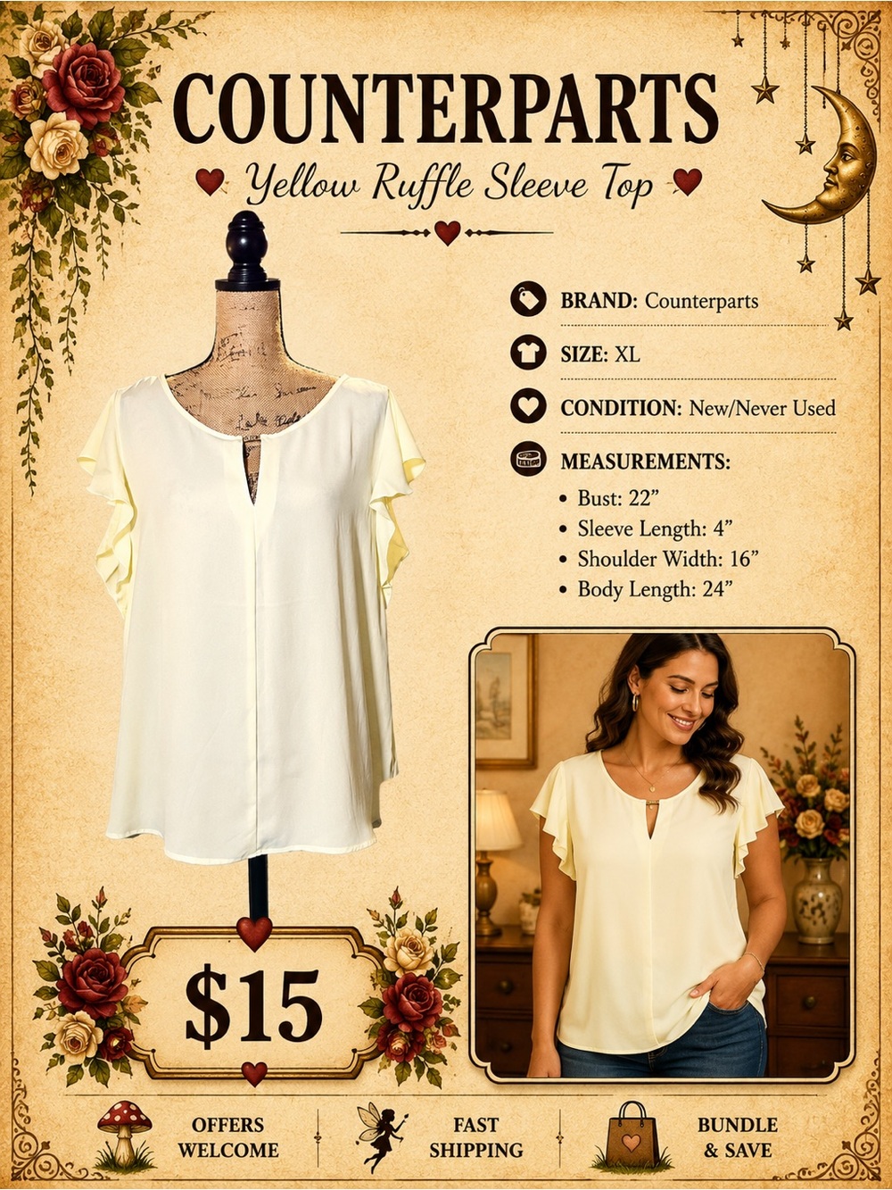 Counterparts Yellow Ruffle Sleeve Blouse XL Women's Top